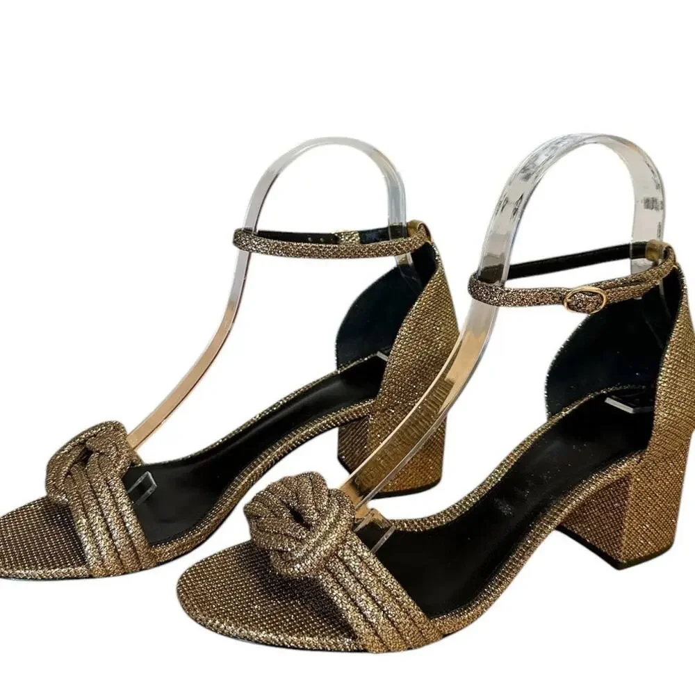 Alexandre Birman Vicky 60 Metallic Gold Bronze Knot Open Toe Block Heel EU 38